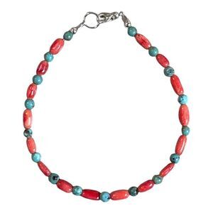 Turquoise & Coral Beaded Bracelet Sterling Silver 8” Handmade Vintage Southwest